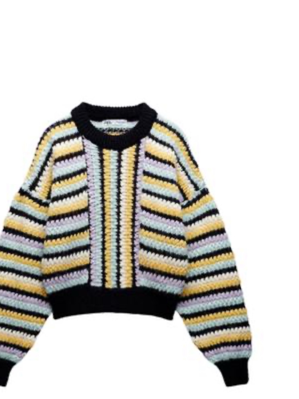 Zara Striped Cropped Crewneck Sweater - Black, Yellow & Pastel Lilac